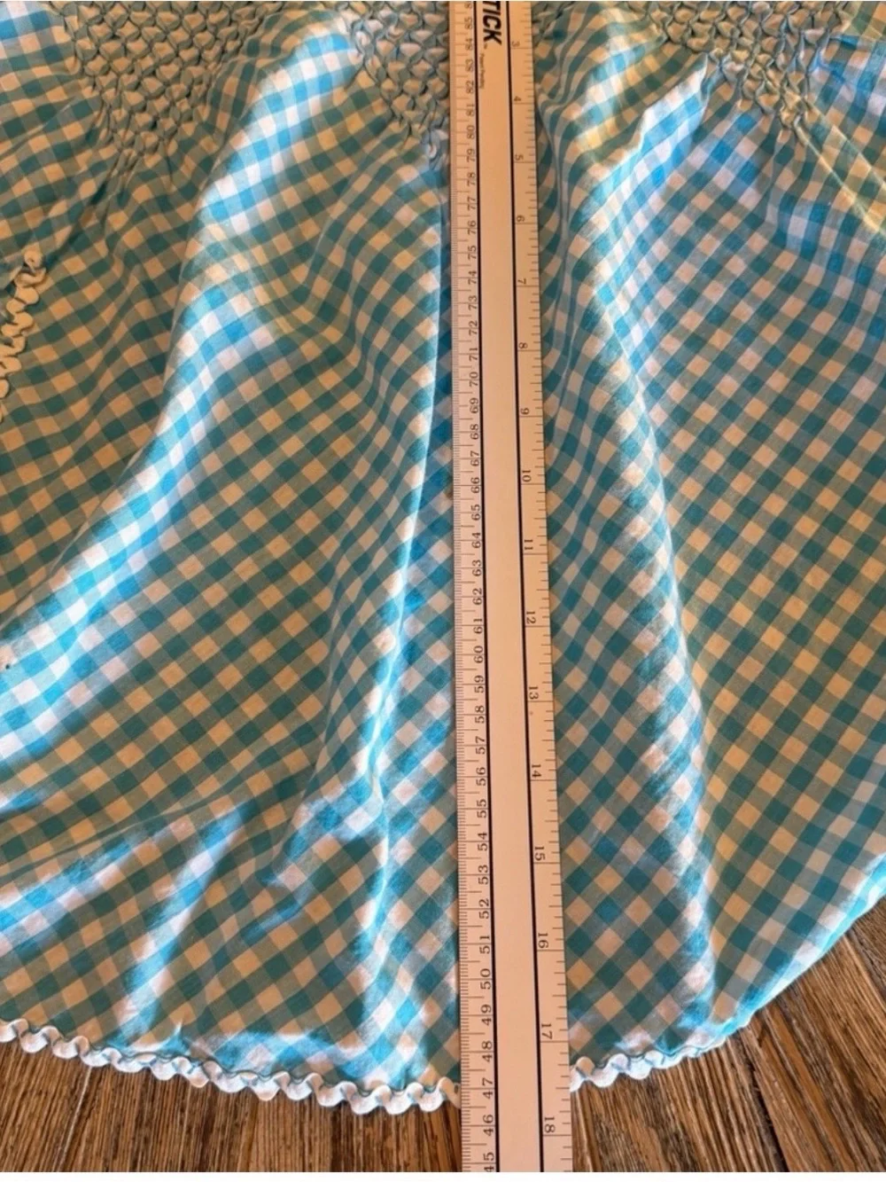 Vintage Blue Gingham Smocked Half Apron Tie Waist Pocket Cottagecore Prairie 50s